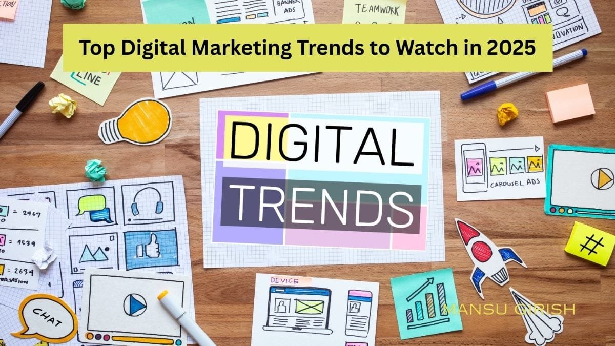 Illustration showing AI, voice search, and immersive content — the top digital marketing trends of 2025.