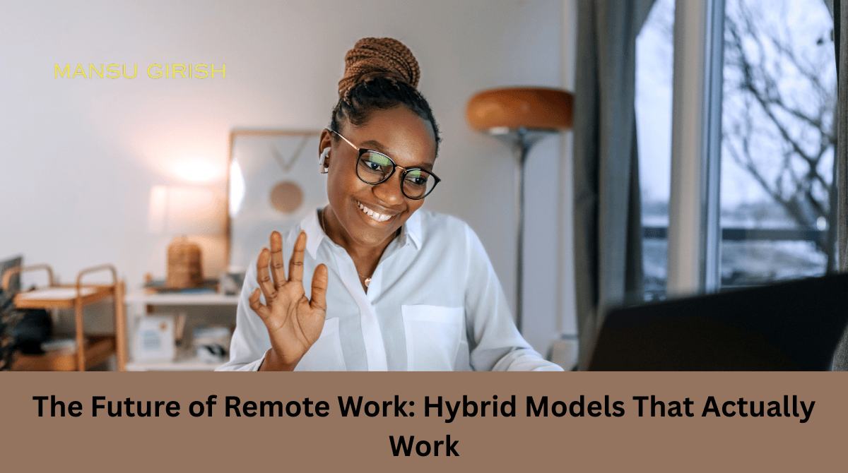 Employees collaborating in a hybrid work model with both remote and in-office setup